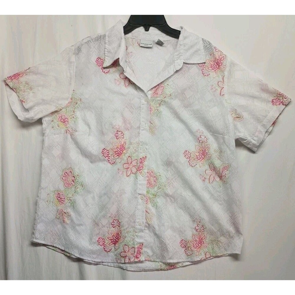 1X Womens White Cotton Floral Cottagecore Button Up Shirt Embroidery Lightweight